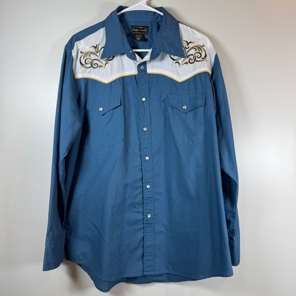 High Noon Blue Western Pearl Snap Shirt Mens L Embroidered Yoke Vintage Western